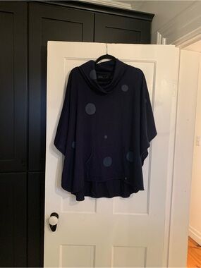 Navy Merino Wool Polka Dot Poncho with Cowl Neck